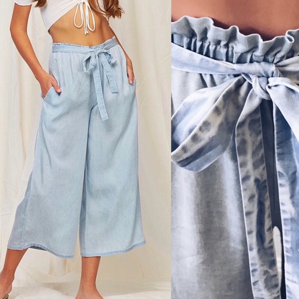 100% Tencel Wide Leg Tie Waist Crop Pant - Picture 8 of 9